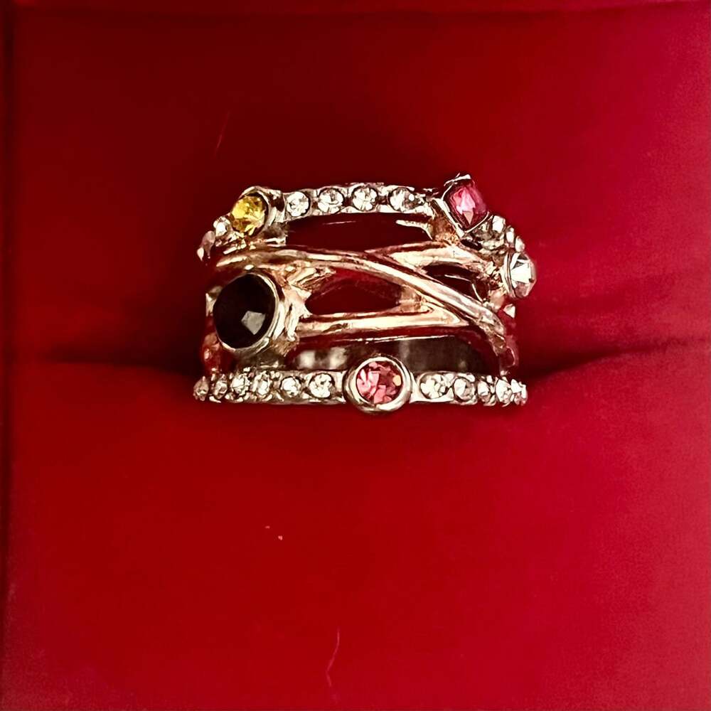 Vintage Rose Gold Multi-Stone Wide Rhinestone Ring Size 6